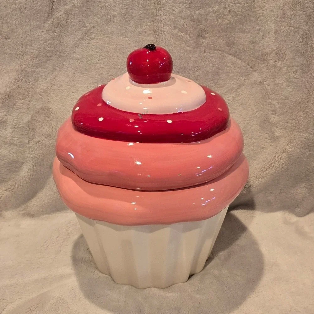Happy Valentines Day Ceramic Cupcake Cookie Jar Pink Red Dot Cherry Lid 10